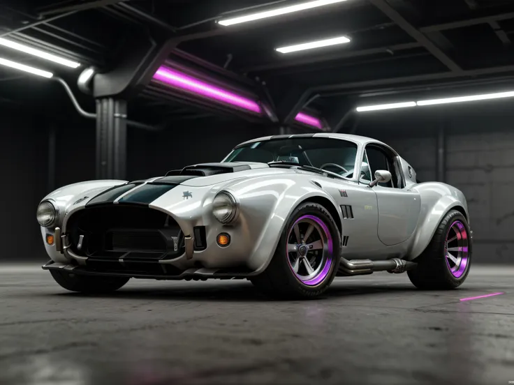 silver and white((1968 shelby cobra)) ((futuristic concept car)) ， cyber punk personage，cyberpunk girl ((nude)), cyberpunk vibra...