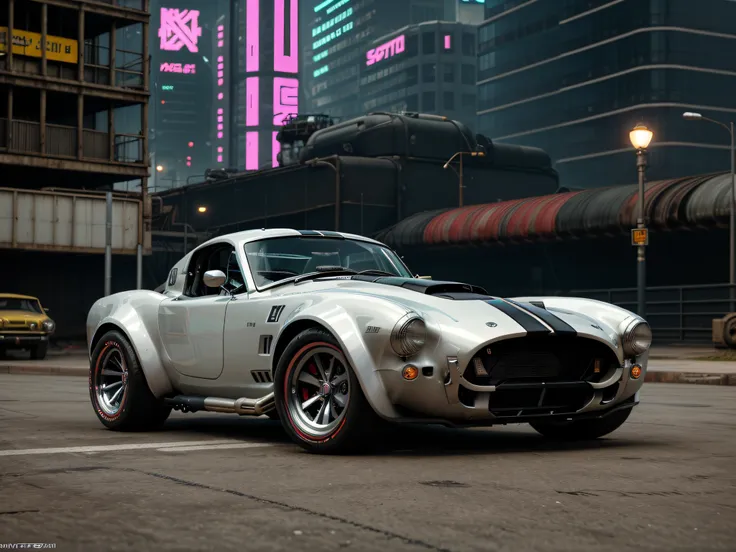 silver and white((1968 shelby cobra)) ((futuristic concept car)) ， cyber punk personage，cyberpunk girl ((nude)), cyberpunk vibra...