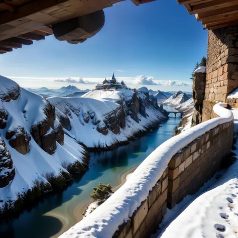 Paisagem era medieval, montanha gigante com neve, rio em baixo