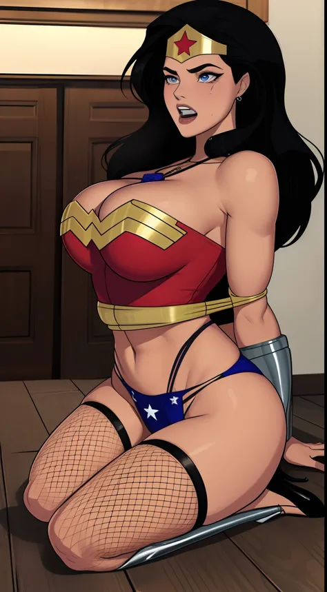 (( Shes weak., nas pontas dos dedos))  (Shes wearing stiletto high heels) ((Your blouse is tattered, Your mesh is tattered, his uniform is tattered, seu traje esta esfarrapado, your clothes are tattered)), ((SUPERHEROINE Wonder Woman half crouched)), ((put...