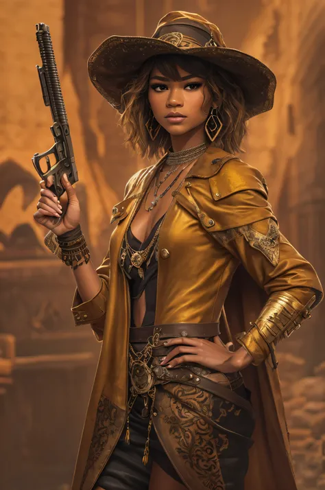 Zendaya, a naked Renaissance Gunslinger, Witch Woman, Tanned skin, jewelry earrings, Gunslinger golden loincloth, Futuristic pistols, ragged overcoat