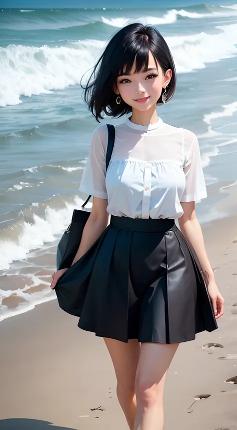 beach, standing straight, head and ankles straight, smiling, wearing earrings, dark white skirt, blue short-sleeved shirt, short hair