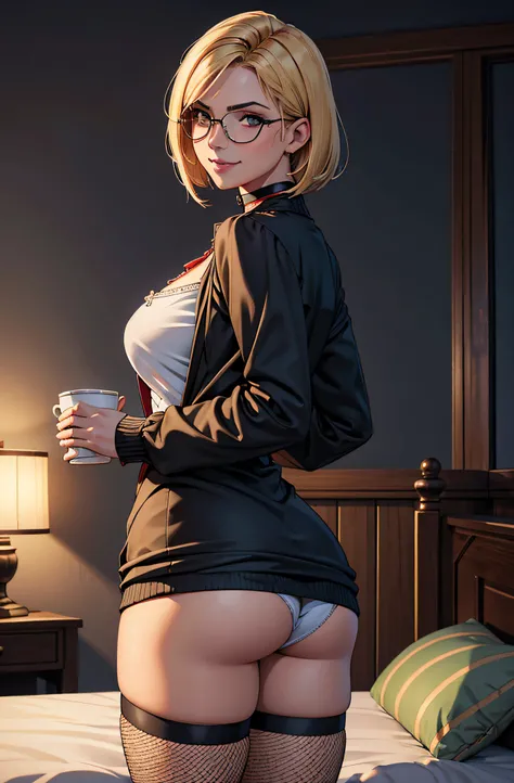 master part, expression of superiority, anime, saia longa, holding a cup of coffee above his chest, roupa branca, camera focada no rosto, smile levers1girl, colar, coleira de corrente, cabelo rosa, Quatro, Caudas duplas, maid,, master part, best quality, a...