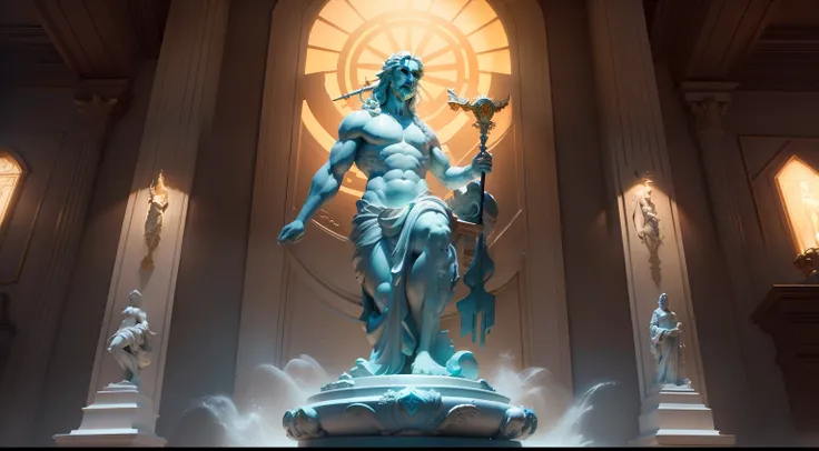 ((melhor qualidade)), ((realista)) (detalhado: 1.4) Create high-definition art that depicts the divine statue of Poseidon, O Deus do Mar, com pilares decorados com conchas e corais ao seu redor. The statue must display its grandeur and serenity while holdi...