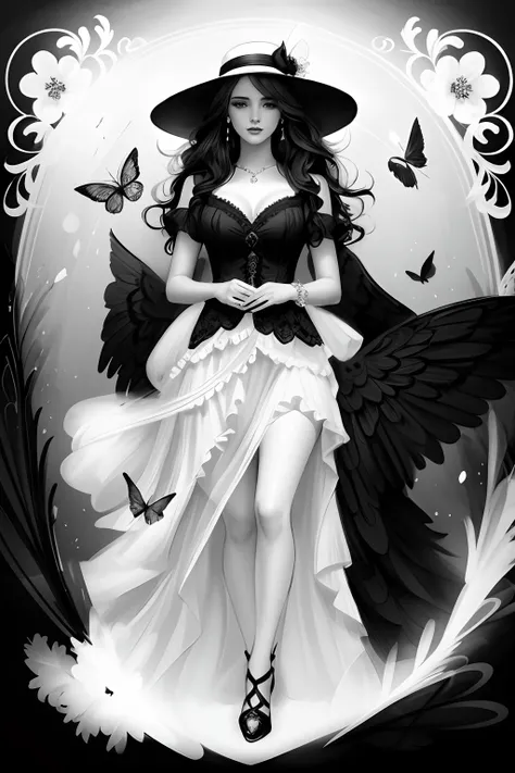 a black and white drawing of a woman in a dress and hat, exquisite digital illustration, beautiful gorgeous digital art, a beautiful artwork illustration, style of charlie bowater, sketch black and white colors, black and white coloring, in style of charli...