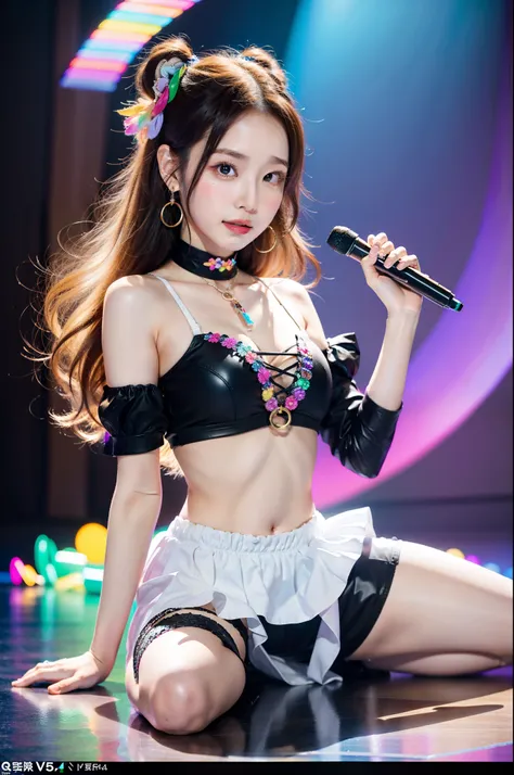 Personal idol performances，Starring Eri Kamei from Morning Musume. content: Eri Kamei is dressed in a rainbow-themed idol costume, Capture the essence of cuteness. mediating: Photography. Style: Ultra-realistic due to the influence of J-POP culture. lighti...