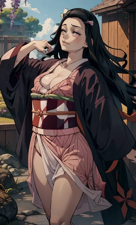 rialistic photo、Real Images、Top image quality、​masterpiece, (Pink kimono), seductived faced, Kamado nezuko with horns、Demon Kamado Nezuko、Adult charm of Kamado Nezuko、The hem is disheveled, revealing white panties.、A sexy、crotch open、blanche、good lighting,...