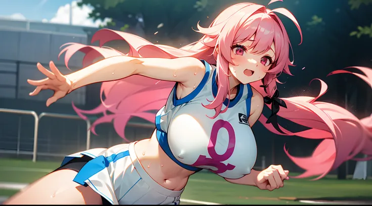 1 girl, game CG, see-through sleeveless blue gym uniform belly, button visible, short white skirt, hair ribbon, gigantic breasts, pink hair, long hair, straight hair, ahoge, pink eyes, outdoor, run, sweat,