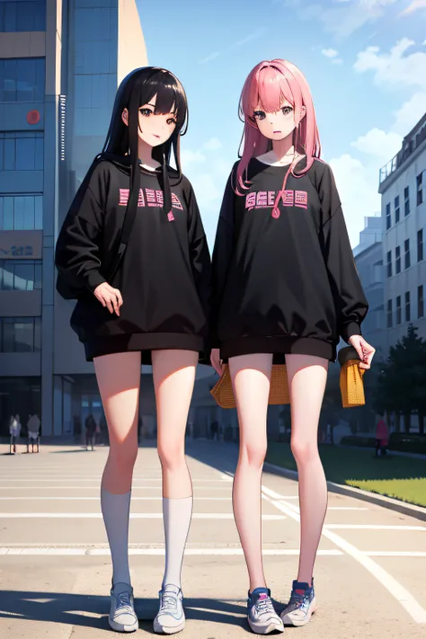 2girls, On campus, Wear everyday clothing，The color should not be too monotonous，Leaks out of the whole body，beautifullegs, Teaching buildings, A bunch of people around,Masterpiece, Best quality, Highly detailed