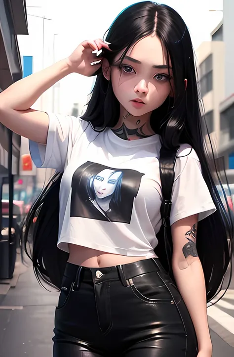 Young girl, long black hair, blue eyes, tattoo on face, white T-shirt, pants, masterpiece, high quality