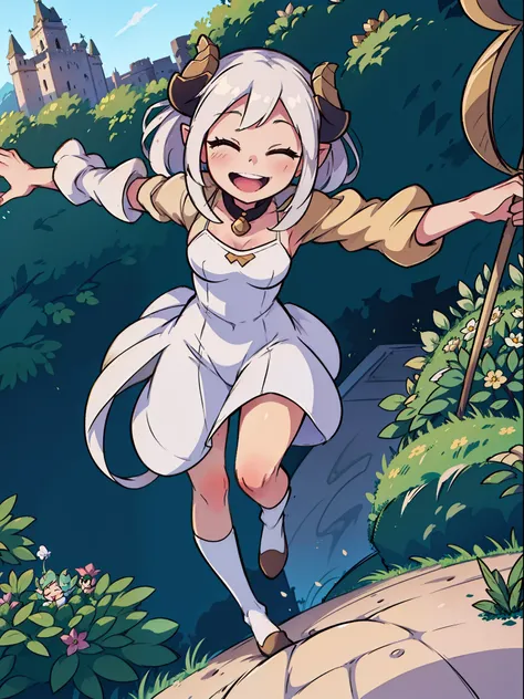 1girl 10 years,solo,happy,smile,((white dress)),small tits,white hair,short hair,closed eyes,elves ears,golden horns,Detailed,(((running on the garden in a castle))),