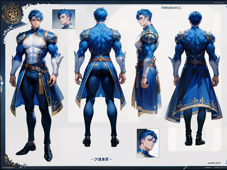 ((Masterpiece, Highest quality)), Detailed face, character design sheet， full bodyesbian, Full of details, frontal body view, back body view, Highly detailed, Depth, Many parts, Muscle boy with blue hair，handsome man, muscle body, white outfit male gods, m...