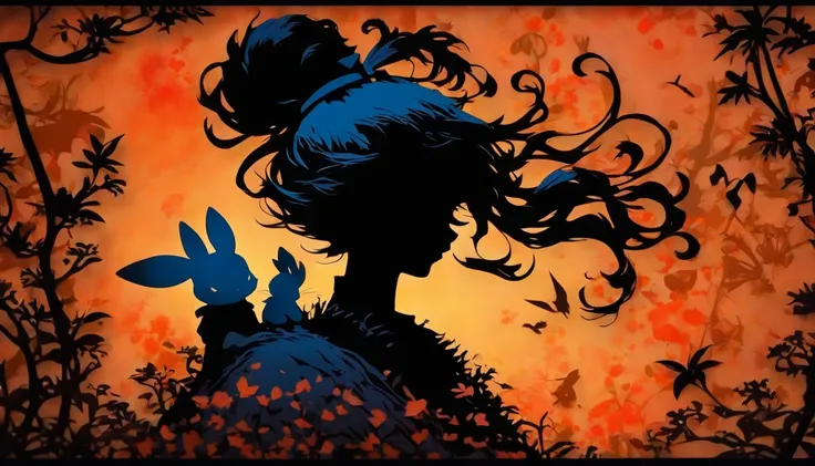 (Silhouette Art,cutouts:1.6)
(((Paper cutting art,A world where only black exists:1.3)

(Cowboy Shot),1 girl,Solo,
(Rabbit-eared girl,profile:1.2),white, Clear and beautiful face,15 Nights、lapin、Mochi

break
(Silvery Moon)
Textured glass background,Arcana ...