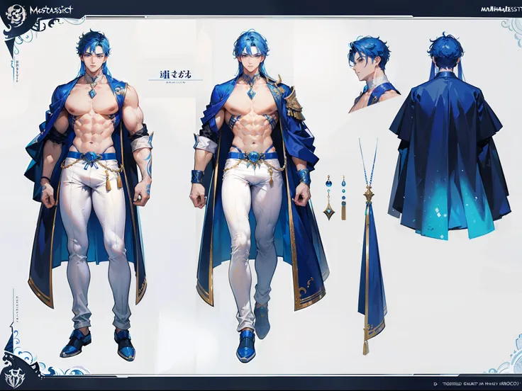 ((Masterpiece, Highest quality)), Detailed face, character design sheet， full bodyesbian, Full of details, frontal body view, back body view, Highly detailed, Depth, Many parts, Muscle boy with blue hair，handsome man, muscle body, white outfit male gods, m...