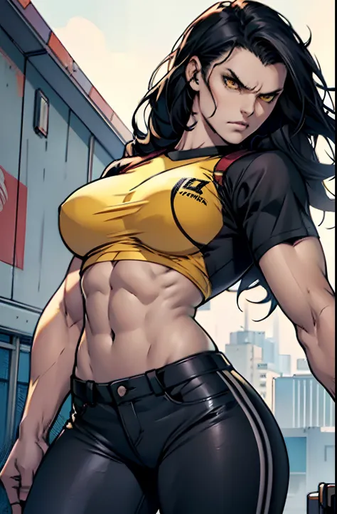 1 girl, black hair, extremely long hair, large breasts, ((muscular)), thick thighs, tight shirt, tight pants, solo, yellow eyes, navel, abs, angry, pale skin