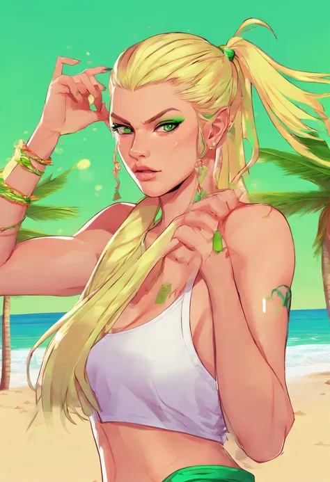 Generate Artwork , Glassmorphism, 1girl,solo,Blonde, ponytail hair, {elf}, girl, {green eyes}, leafa, beach