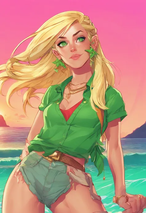 Generate Artwork , Glassmorphism, 1girl,solo,Blonde, ponytail hair, {elf}, girl, {green eyes}, leafa, beach