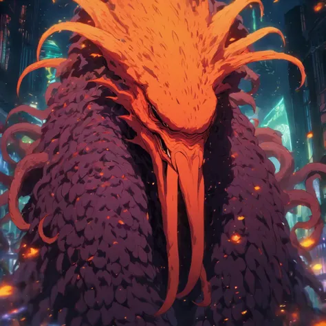 Mind Flayer, yellow and dark yellow scales, glowing red eyes, bright orange tentacles, covered in bright orange porcupine-like quills, masterpiece, best quality