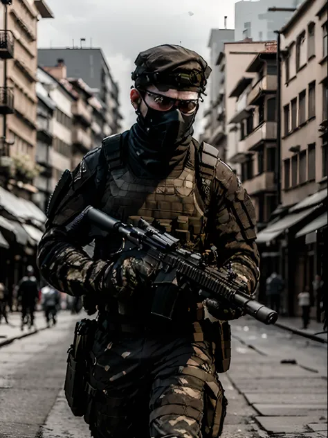 masterpiece, best quality, ultra-detailed, depth of field, 1male, male focus, foreign mercenary, assault vest, black uniform, full body, war zone backdrop, holding weapon, assault rifle, black beret, black balaclava, city, danger atmosphere