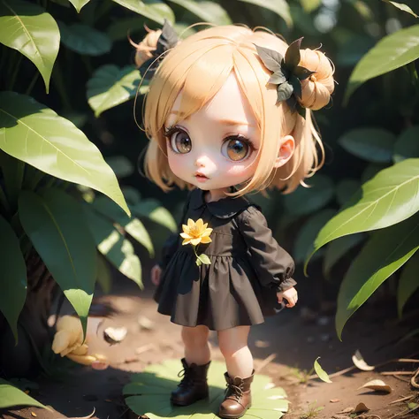 Cute Baby Chibi Anime、(((Chibi 3D))) (Best Quality), (masutepiece)In the midst of the Save Nature rally、Candid shot of cute blonde activist in dress made of leaves、portrait of a full body、natural soft light、wide angles、hard lights、fluttering leaf、Detailed,...