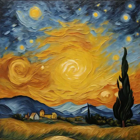 Coarse brushstrokes and wet paint，Fibonacci，the golden ratio，Melted wax，Visible brush strokes，oil on the canvas，Thick brushstrokes，insanely details，8K  UHD，ultra-realistic realism，Van Gogh Starry Sky