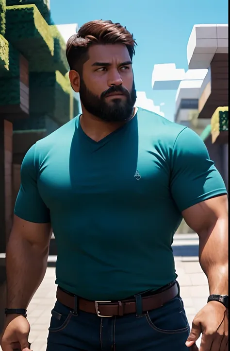 minecraft man real life, real life steve, tanned skin color, strong man, brown hair, short hair, cyan colored shirt, big shirt, dark blue colored pants, brow colored beard, mining