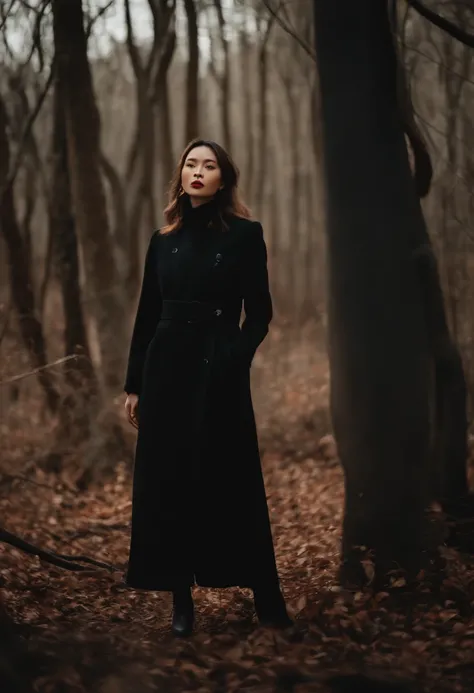 a young woman wearing black black blouse and coat in the woods, in the style of chinese new year festivities, jagged edges, crisp and clean look, sun-soaked colours, pop inspo, strong facial expression, dark white and light red