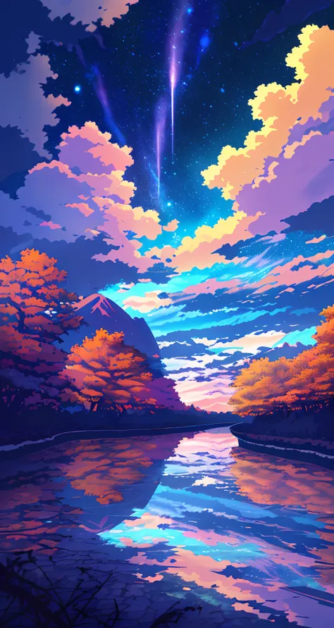 a purple landscape with mountains, trees and a river, in the style of serene seascapes, cartoon style, flat color style, vibrant illustrations, bright skies, calm river and sky, dark sky blue, orange and yellow