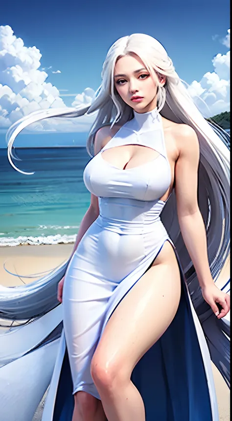 Full-length portrait of a beautiful young woman with long snow-white hair falling freely over her shoulders and back. She has bright sky blue eyes that look directly into the camera and reflect wisdom, strength and warmth. She is wearing a flowing ivory dr...