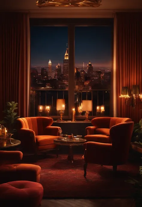 Generate an image of an elegant jazz lounge with velvet armchairs, candlelit tables, and a vintage microphone, landscape