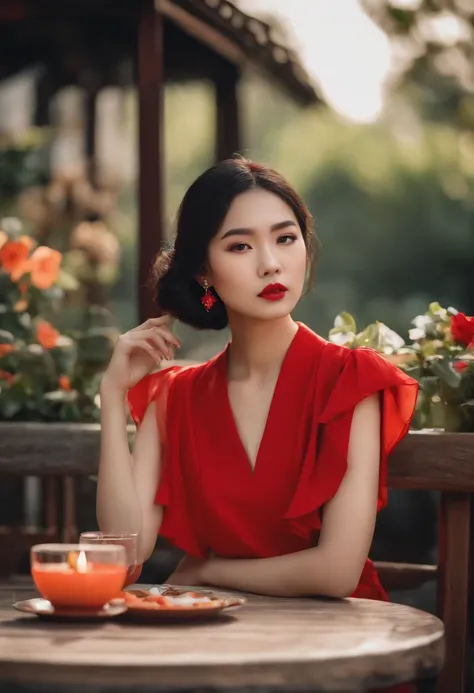 a young asian woman in red sitting at an outdoor table, in the style of bauhaus photography, charming anime characters, traditional vietnamese, onii kei, raw street photography, lifelike representation, flowerpunk