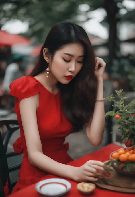 a young asian woman in red sitting at an outdoor table, in the style of bauhaus photography, charming anime characters, traditional vietnamese, onii kei, raw street photography, lifelike representation, flowerpunk