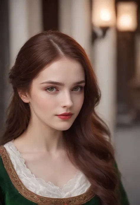 (((a deep reddish wound crosses her left cheek))) fair complexion, woman around 19 years old, natural brown hair, distinctive green eyes, wearing kohl, slender and graceful, beautiful, candlelight in a medieval setting, ultra sharp focus, realistic shot, m...