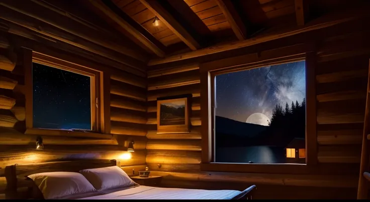 Generates an image of a bed placed in the center of an old cabin. The cottage should have large windows showing a beautiful starry night outside. Moonlight and stars should gently illuminate the interior of the cabin, creando un ambiente relajante y acoged...