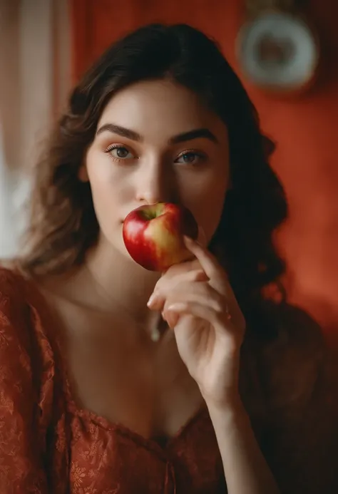 a young woman is holding and eating a apple, in the style of kodak portra, light crimson and amber, oshare kei, y2k aesthetic, distinctive noses