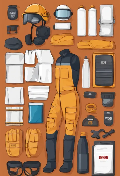 Create a cinematic photo of the PPE kit for a slide. In this kit you will have to contain the main items of safety at work.