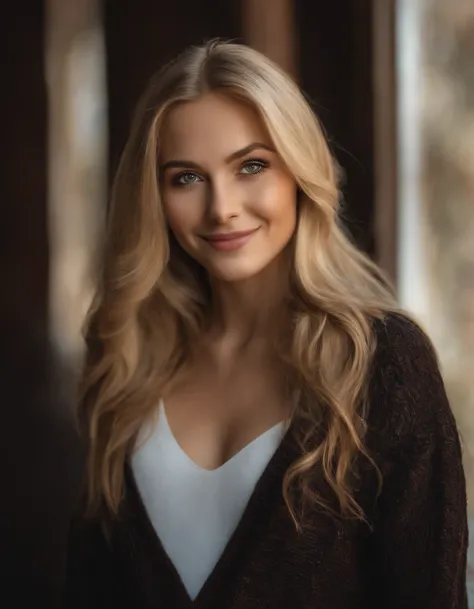 Masterpiece, absurdres,HDR ,highly detailed eyes and face,smiling, beautiful nod_woman, a woman with long blonde hair and a black sweater ,perfect nod_body,perfect nod_face,