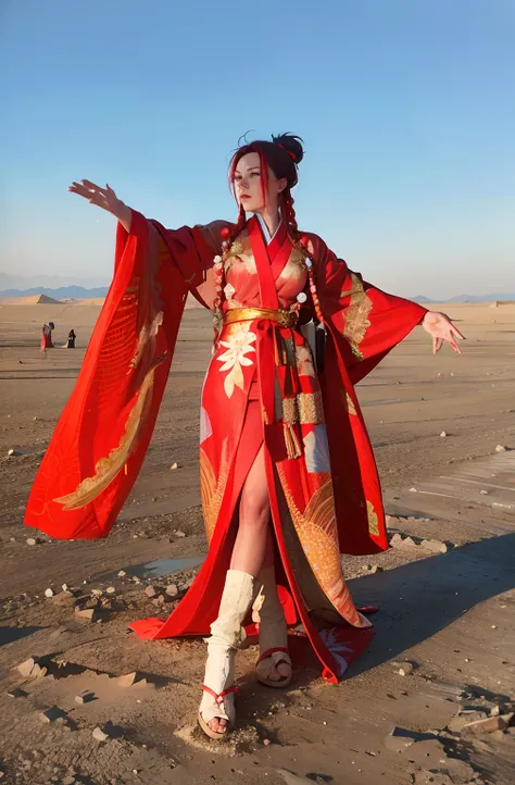 woman in red kimono standing in desert with open arms, wearing gilded red robes, wearing a long flowing robe, dragon-inspired cloth robes, red kimono, fully clothed in red robes, style blend of burning man, desert robe, tilda swinton at burning man, red ki...