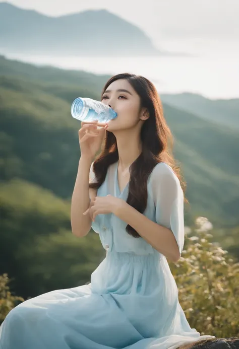 A young and beautiful Japanese girl was holding a bottle of mineral water and leaning against her face in the sky, 20-years-old, looks like Angelababy，enjoying it very much. It was delicious and filmed against a light blue background,photo by Yoshihiko Ued...