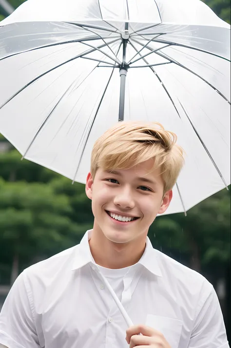 second person，blond boy，Teenage uncensored，in a white shirt，Holding an umbrella，Overlooking，Smiling，二重まぶた，a sense of atmosphere，in a white shirt