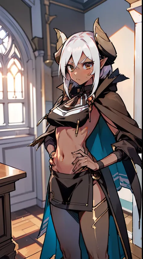 1girl 20 years,solo,(((brown skin))),angry face,black and golden short dress,medium tits,white hair,short hair,yellow eyes,elves ears,black horns,black pantyhose,Detailed,(long cape),(((standing in front of a room inside a castle)))