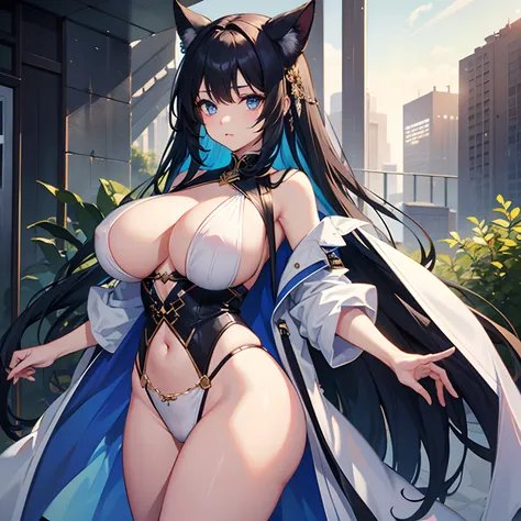 Best Quality, Masterpiece: 1.2, Ultra Detail, 1girl, Long hair, level view, black-blue hair, blue eyes, huge breasts