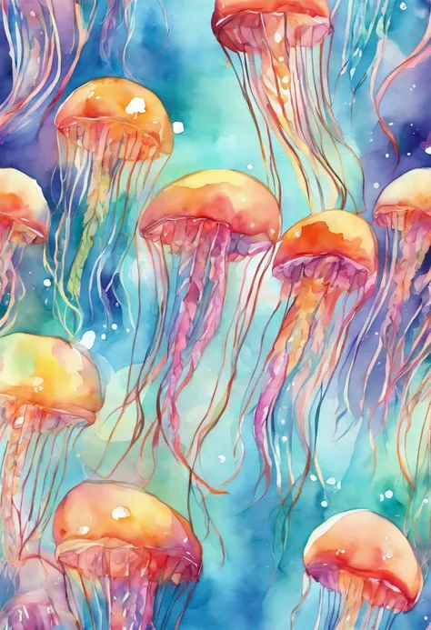 3d watercolor abstract,Jellyfish floating in the sea