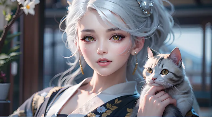 There is a woman with a cat in her arms, artwork in the style of guweiz, Trending on CGSTATION, Realistic photo-style art, wlop and ross tran, wlop and sakimichan, 8k high quality detailed art,. 8K, Digital Art 3D Style, beautiful digital works of art, 4K ...