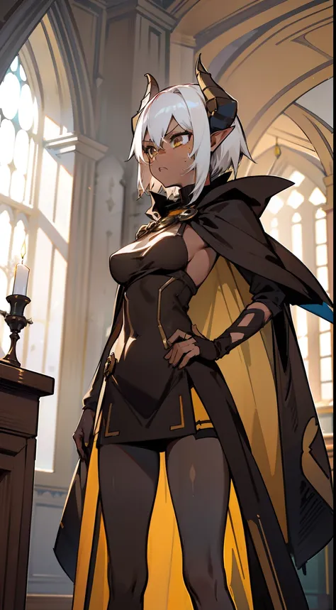 1girl 20 years,solo,(((brown skin))),angry face,black and golden short dress,medium tits,white hair,short hair,yellow eyes,elves ears,black horns,black pantyhose,Detailed,(long cape),(((standing in front of a room inside a castle))),hd,masterpiece,4k