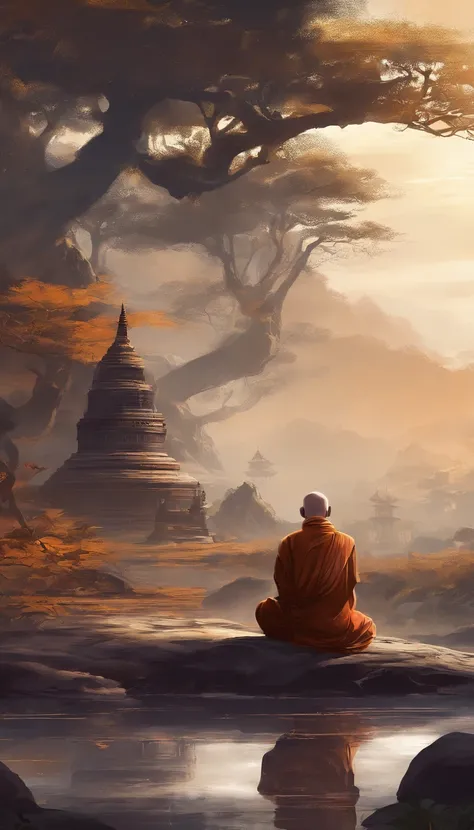 An old monk sits on a large rock，Extremely old monk，（Pray in a lotus pose），Buddhist monk meditation, On the road to enlightenment, Man has a deep connection with God, Zen meditation,brown robe，(Rear view)，from back，rear angle，Big light，Buddhism，Beautiful i...