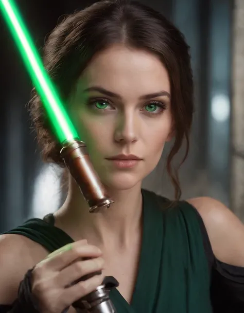 30 years old jedi master, distinctive green eyes, beautiful, blue lightsaber in the right hand, ultra sharp focus, realistic shot, tetradic colors (scar:1.4)