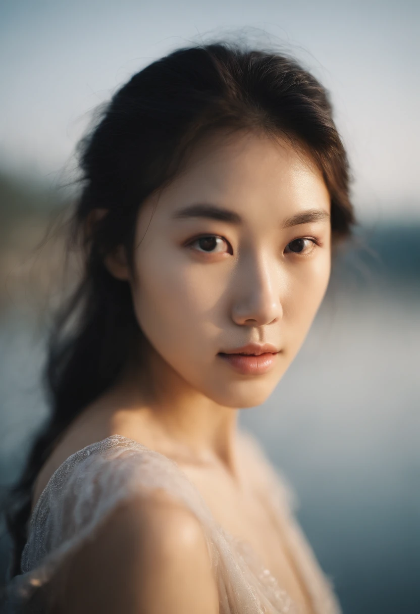 This is a close-up front view portrait of a 20-year-old beautiful Japanese girl, photographed by Hidemi Shimura. The image captures the girl with water on her face, with soft lighting that emphasizes her innocent and pure eyes, highlighting every detail. ,...