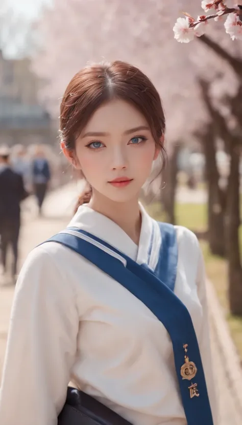 (Masterpiece, photo-realistic:1.4), (Close-up shot:1.3), (Japanese high school student:1.3), (Go home at sunset:1.3), (Blue and white school uniform:1.4), (undercut hairstyle:1.3), (Bright two-color eyes:1.4), (Backpack on the shoulder:1.2), (Walk through ...