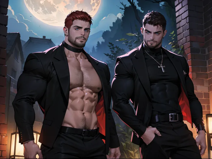 (absurdres, highres, ultra detailed), 1 male, adult, handsome, tall guy, broad shoulders, finely detailed eyes and detailed face, black leather clothes, night, smile, dutch angle, short red hair, moon, forest, black horns in his head, earrings, black chock...